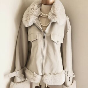 SUPER SOFT TAUPE FAUX LEATHER JACKET WITH FAUX FUR TRIM